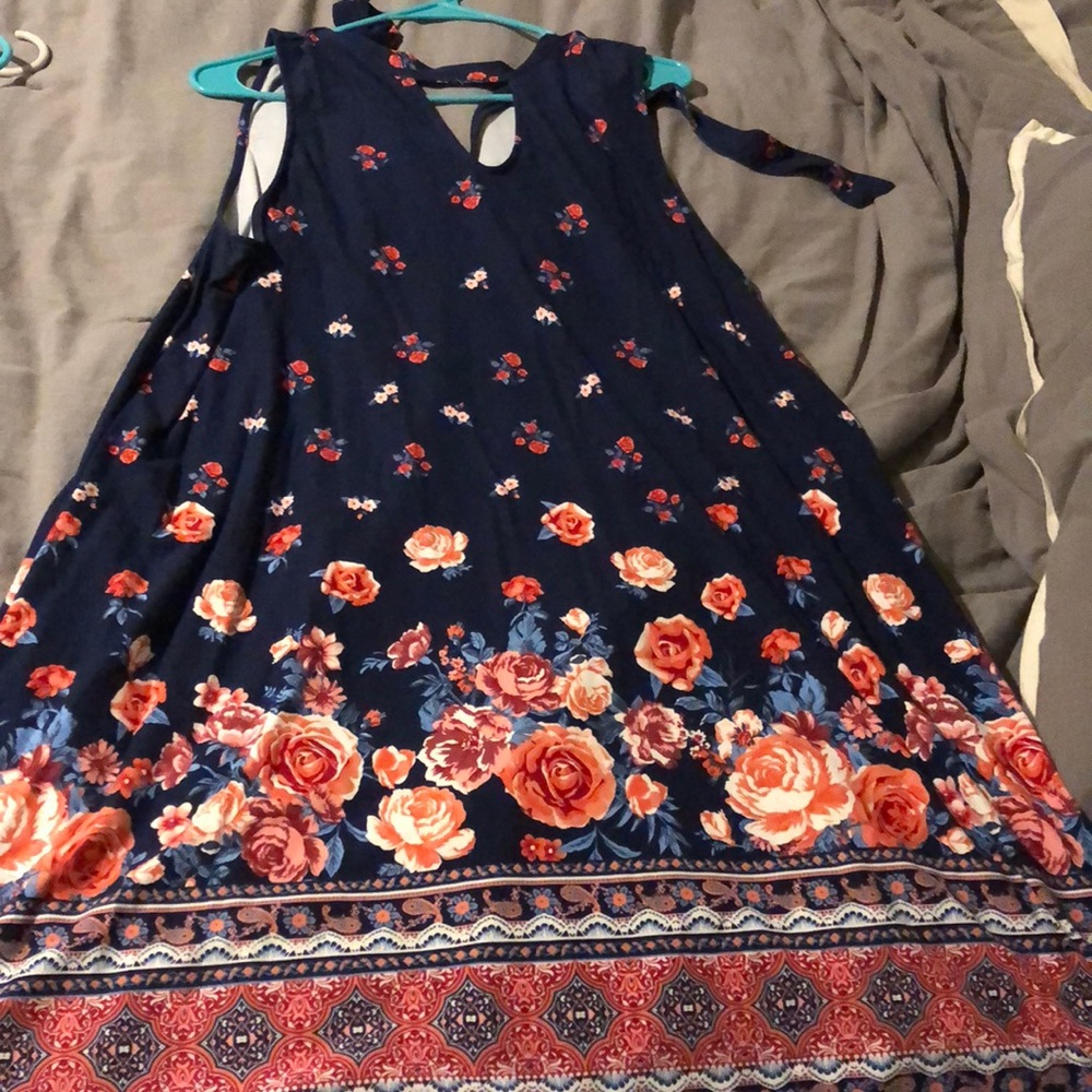 High neck; blue floral swing dress